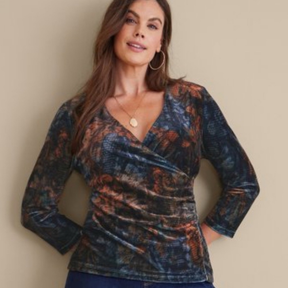 Soft Surroundings Blue and Brown Velvet-Effect Surplice Top